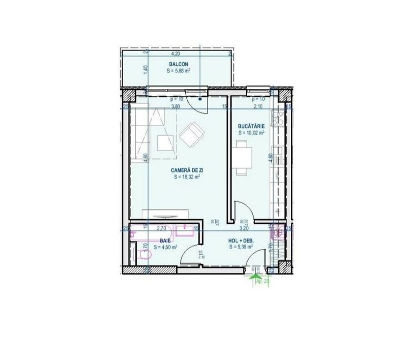 Centru Civic, Apartament 1 camera, decomandat, 44 mp