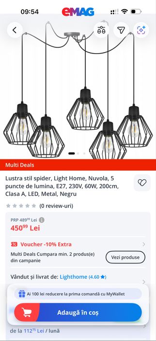 Lustra stil spider Light Home 5 becuri E27, 200cm, LED, Metal, Negru