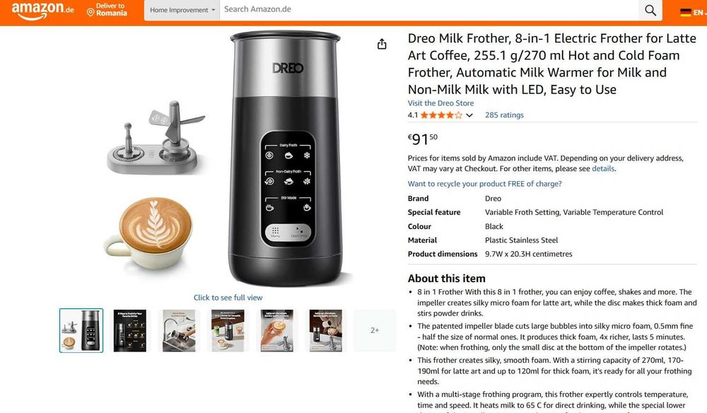 Spumant de lapte Dreo, spumant electric 8 in 1 pentru cafea Latte Art