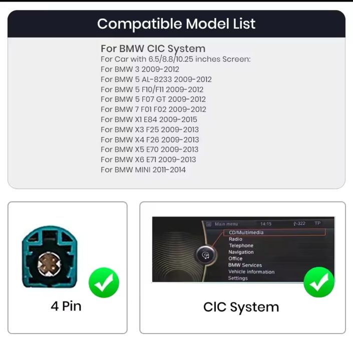 Kit wireless Carplay/Android pt BMW 3,5,7,X1,X3,X4,X5 CIC (2009-2014)