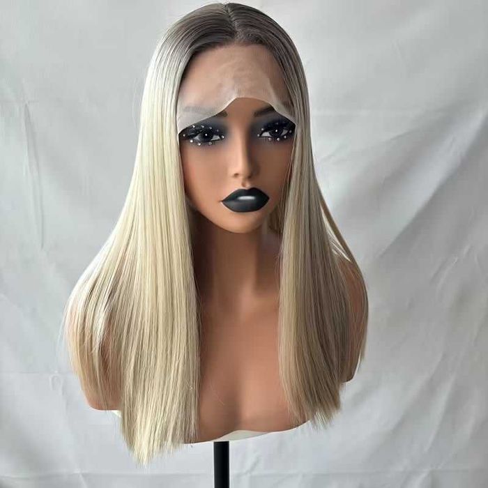 Руса права омбре перука с черни корени - 40 см, лейс фронт 13×4 Lace Front