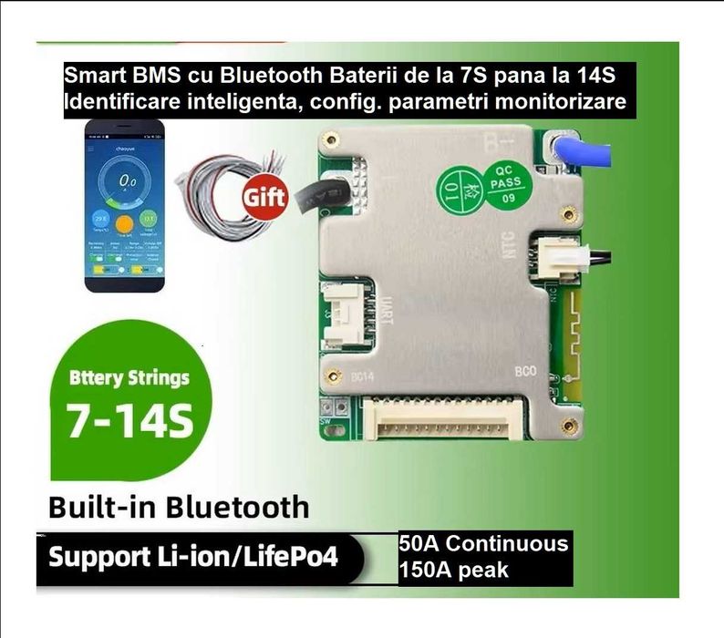 Smart Bluetooth  BMS 7s 8s 9s 10s 11s 12s 13s 14S 15S 16S 17S + Bluetooth inclus App smart monitorizare configurare