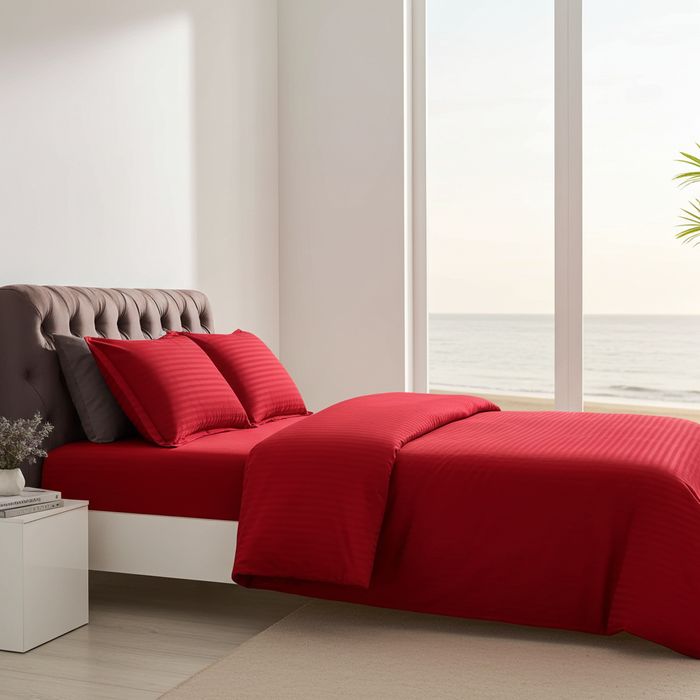 Lenjerie Damasc Danemarca Df009, Damasc, 6 Piese, Fara Elastic, Rosu