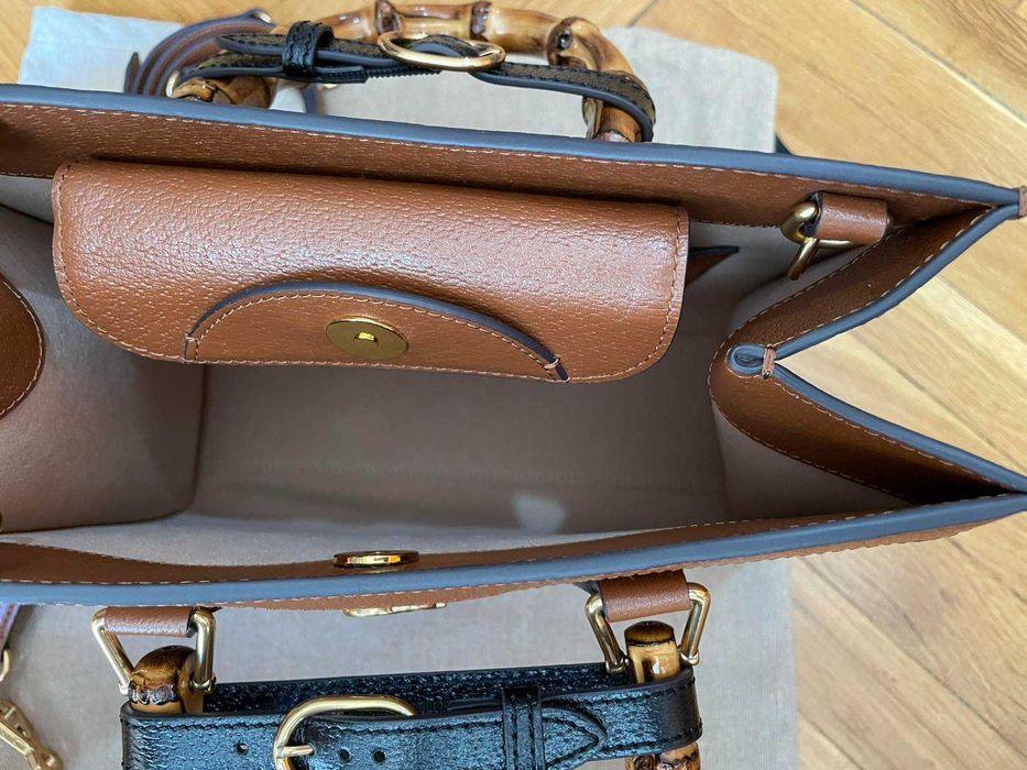 Дамска чанта Gucci Гучи Diana Кафява Кожа Бамбук Златно Gold GG Лого