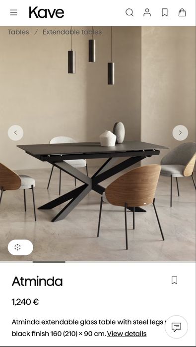 Kave Home Atminda – разтегателна трапезна маса 160–200 × 90 см