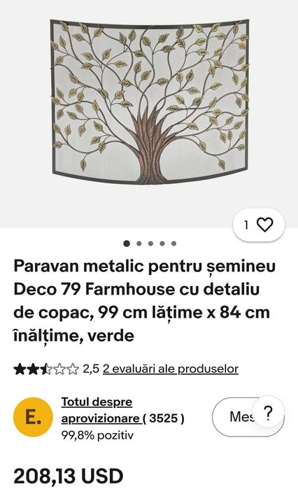 Paravan protecție șemineu model "Copacul vieții", fier forjat 99x84 cm