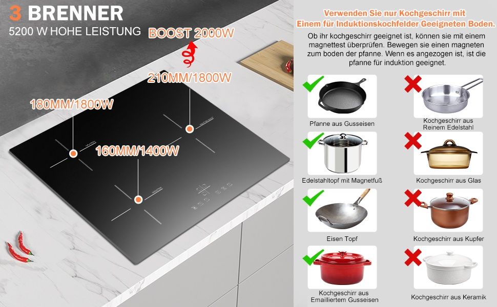 Индукционен плот за вграждане Karinear с 3 зони, 5200W, Тъч контрол и Таймер