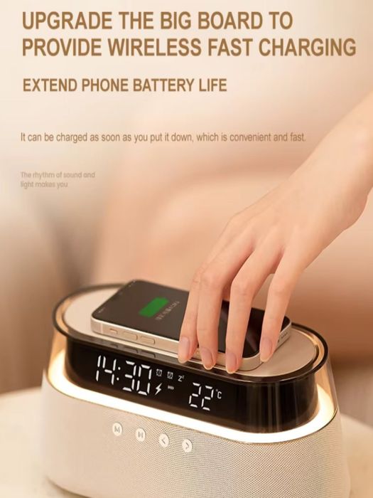 Беспроводная зарядка ,калонка,часы,будилник,FM-радио,RGB-подцветка