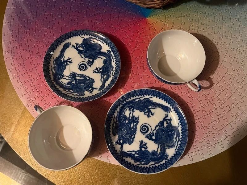 Set 2 cesti portelan Dragons Blue Japan pentru ceai cafea, cu farfurie