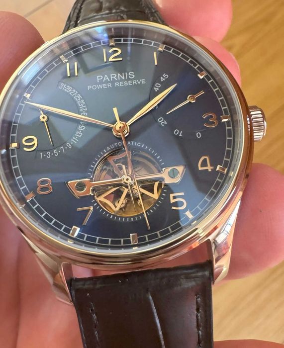 Parnis Portuguese 43 mm Automatic Power Reserve Flywheel Alb