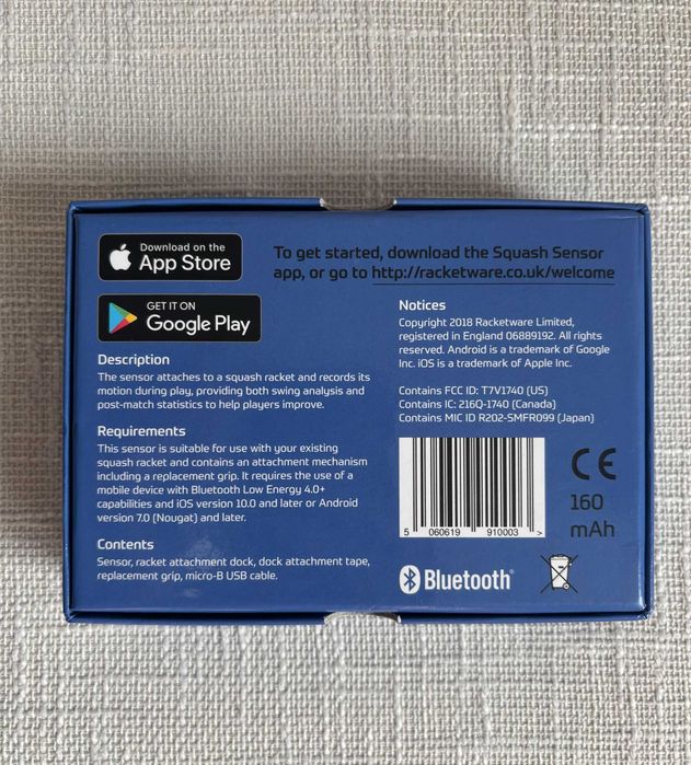 Racketware Squash Sensor Bluetooth- analiză lovituri și statistici (nou), SUA