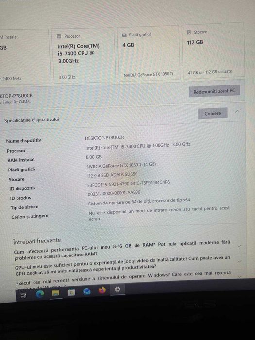 PC Gaming Intel i5-7400 + GTX 1050 Ti 4GB + 8GB RAM + SSD 112GB