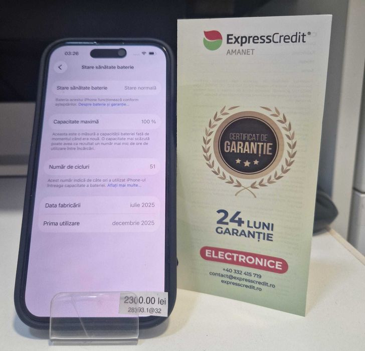 iPhone 15 128Gb 100% bateria (AG32 Vaslui B28393) 2 ANI GARANTIE!