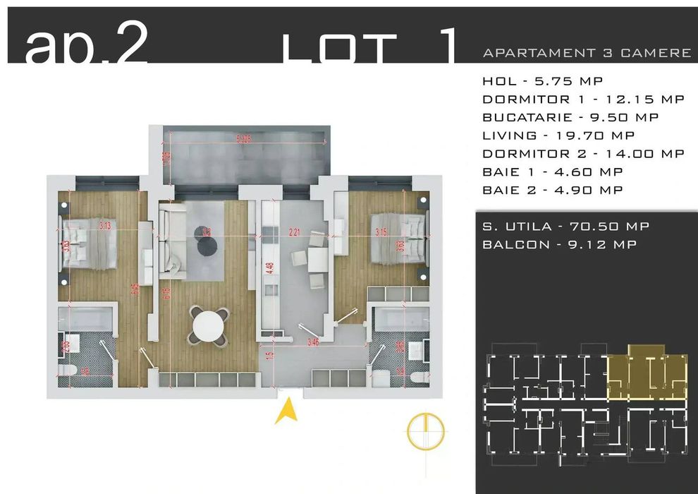 Direct dezvoltator Apartament 3 camere Gura Arieșului Pallady — fotografia 3