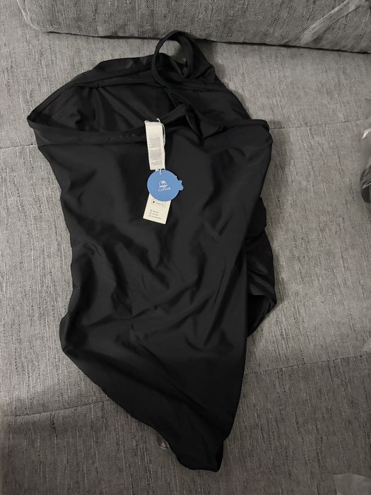 CUPSHE Costum de baie cu un umăr plasă transparentă asimetric pliat control burtă o piesă – Negru XL