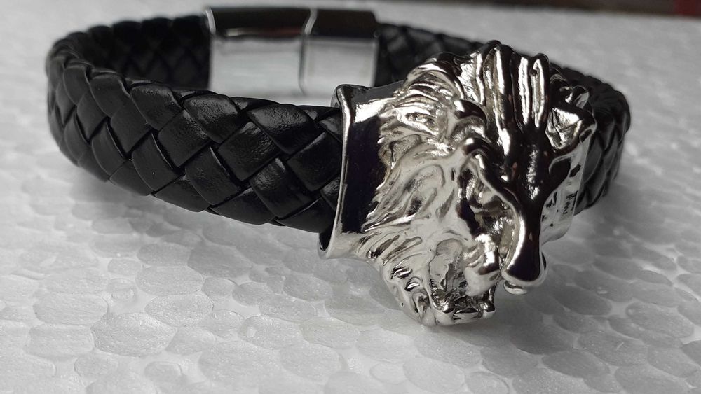 Brățară piele cu cap de leu metalic pentru bărbați