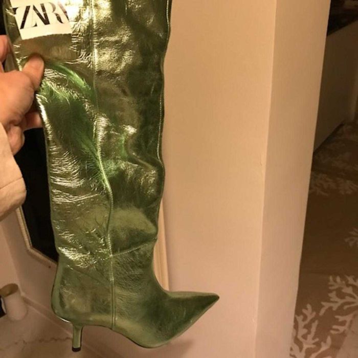 Cizme din piele naturală Zara metalice verde 36