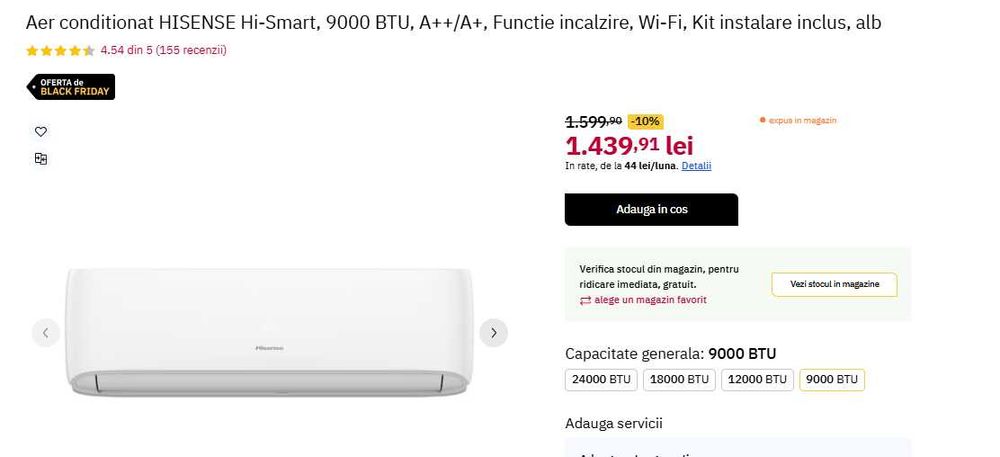 Aer conditionat HISENSE, 9000 BTU, A++ Wi-Fi, Kit instalare inclus, alb - NOU IN CUTIE, garantie aug 2027