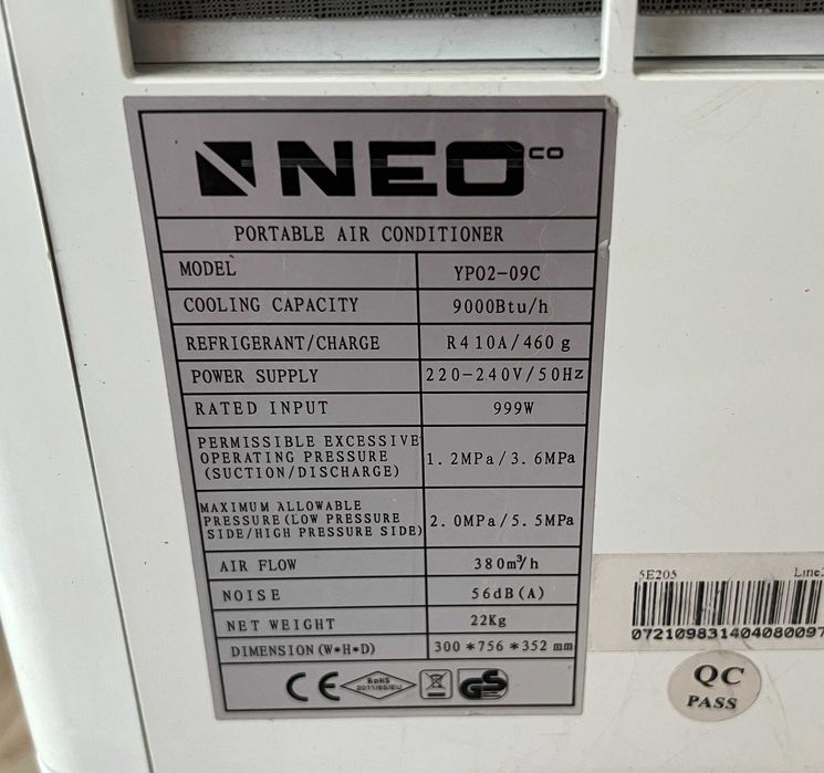 Aer conditionat portabil NEO YPO2 09C 9000 BTU cu telecomanda