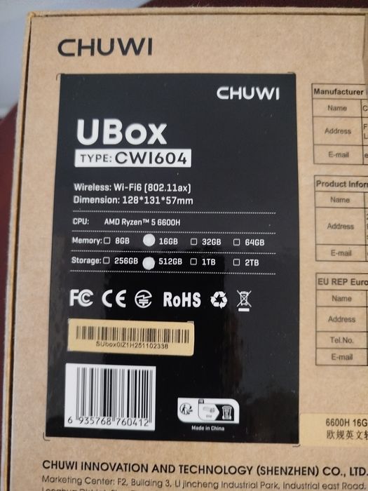 Mini Pc Chuwi Ubox-P, AMD Ryzen 5 6600H, 16GB RAM , 512 GB SSD