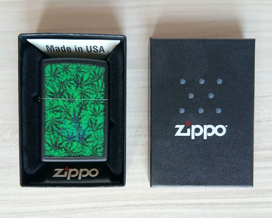 Нова запалка Zippo Green Cannabis + подарък гориво