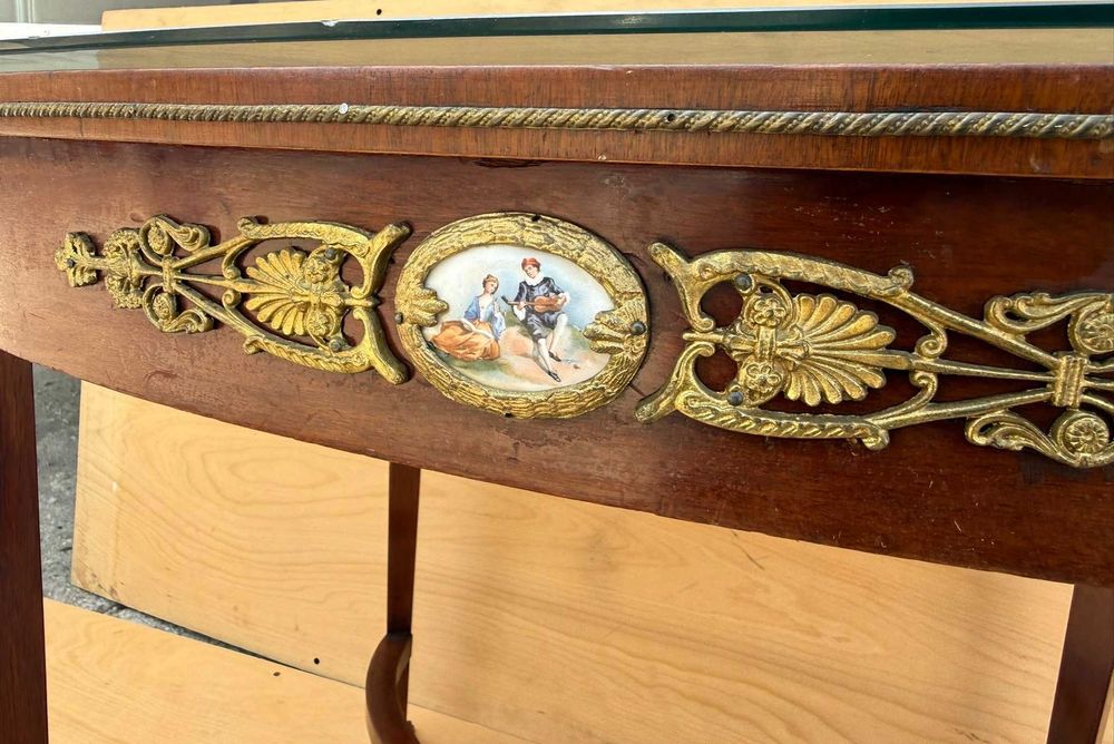 Masă consolă stil Empire / Napoleon III, bronz și porțelan, lemn masiv