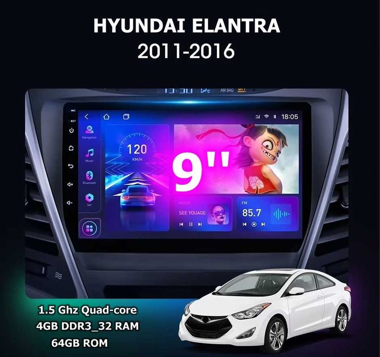 HYUNDAI ELANTRA 2011/2016 9” 2-DIN, с Android 14, 4/64GB, CarPlay, AА