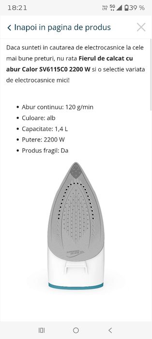 Statie de calcat Calor SV6115C0, 2200 W, 120 g/min, alb, 1.4 L Nou