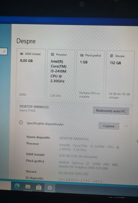 Laptop i5 Acer Aspire baterie nouă  SSD 128Gb/8Gb placă video 1Gb