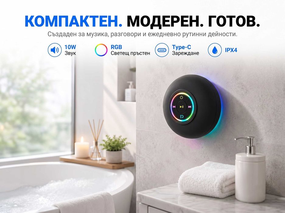 10W Bluetooth колонка за баня с вакуум, RGB светлини, Hifi Bass стерео звук