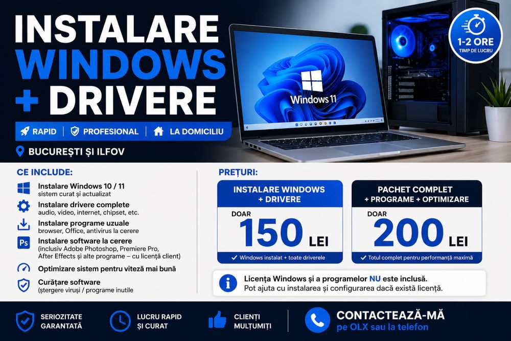 Instalare Windows + drivere | Rapid și ieftin București