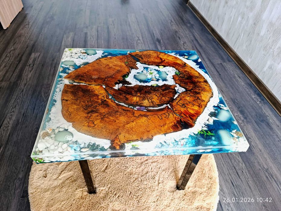 Măsuță de cafea din rășină cu iluminare