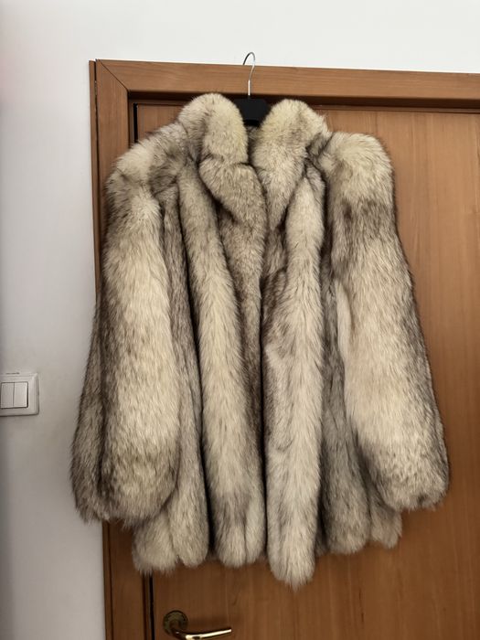 Haină lungă blană naturală Vulpe Argintie / Polară, fir bogat (necesită mică reparație subraț)