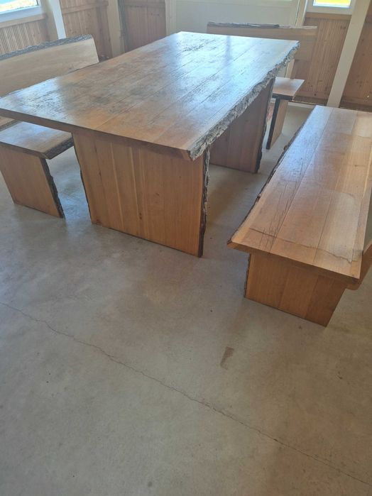 Masa rustica exterior stejar masiv cu banci 2m lungime