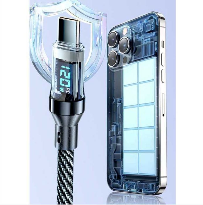 Cablu date type C+USB, incarcare rapida, 120W + afisaj digital led, 1M