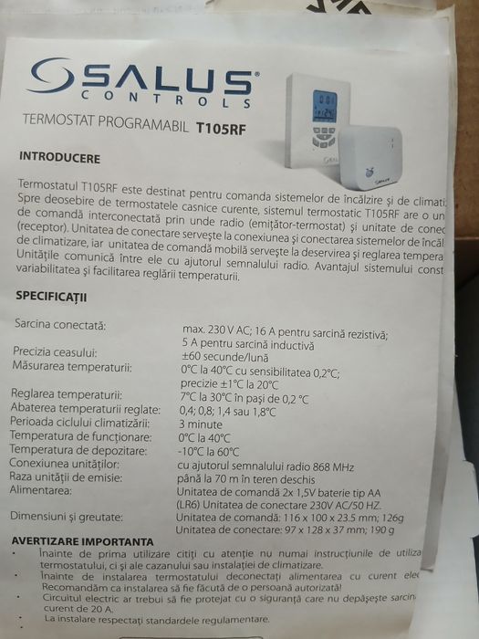 Termostat fara fir centrala gaz Salus T105RF