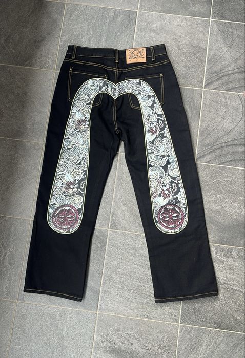 Blugi Japan Style Evisu imprimeu baggy oversized pantaloni denim marime M noi cu eticheta
