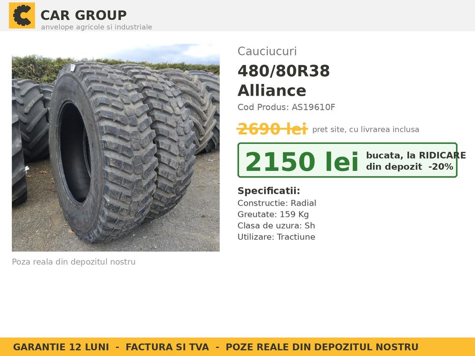 Cauciucuri Anvelope 480/80R38 480/80 R38 480/80-38 18.4R38 4808038 Alliance Tractor Punte Spate Utilaje Agricole SH Second Hand FACTURA TVA Stoc Real