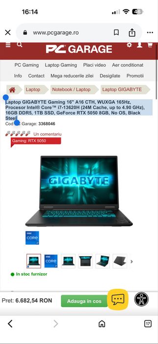 Laptop gamibg Gigabyte A16 i7-13620H RTX 5050 16GB SSD 1TB Ca Nou
