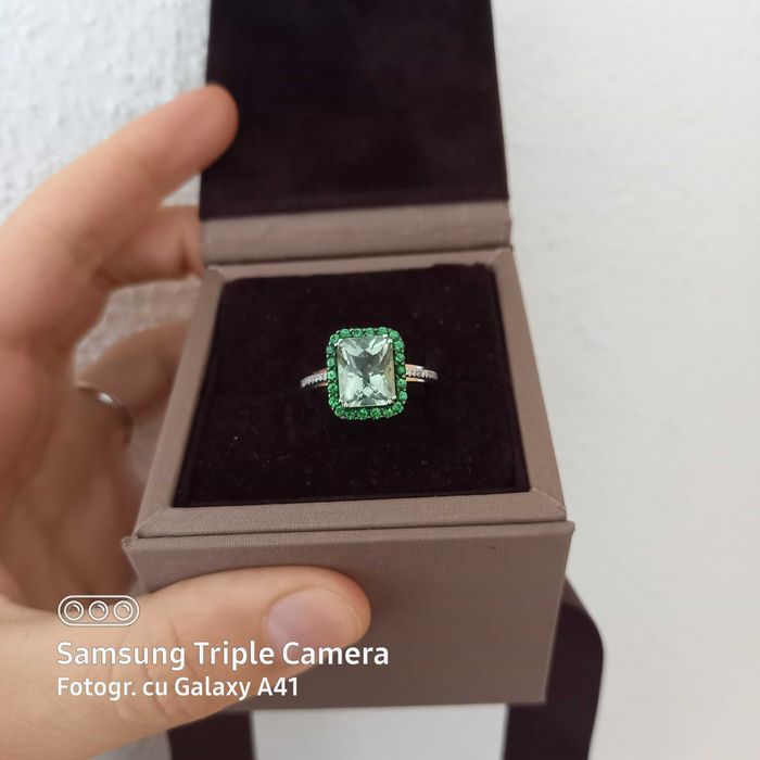 Inel cu diamnate, ametist verde si pietre granat