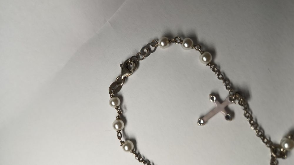 Brățară din Argint 925 cu Perle, Cruciulițe și Inimă Cristal Violet