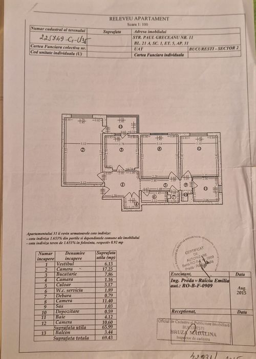 Vând apartament 3 camere dec. metrou Ștefan  cel Mare Polona Greceanu