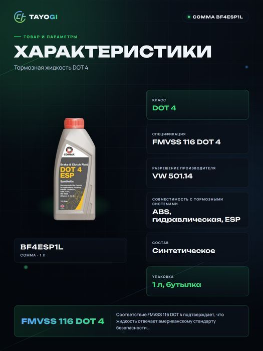 Тормозная жидкость Comma DOT 4 ESP, 1 л