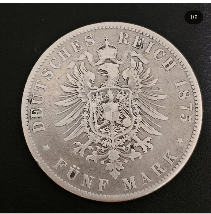 Серебро ‼️ 5 марок, 1875 г., Германская Империя