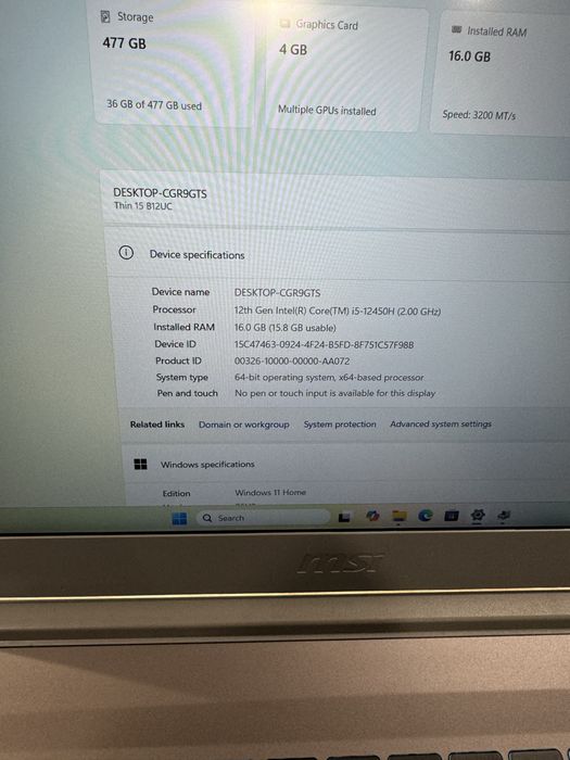 Laptop Gaming MSI Thin 15 intel i5-12450H 16GB Nvidia RTX3050