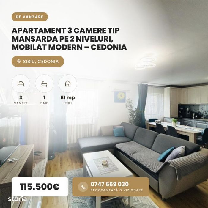 Apartament 3 camere tip mansarda pe 2 niveluri, mobilat modern – Ced