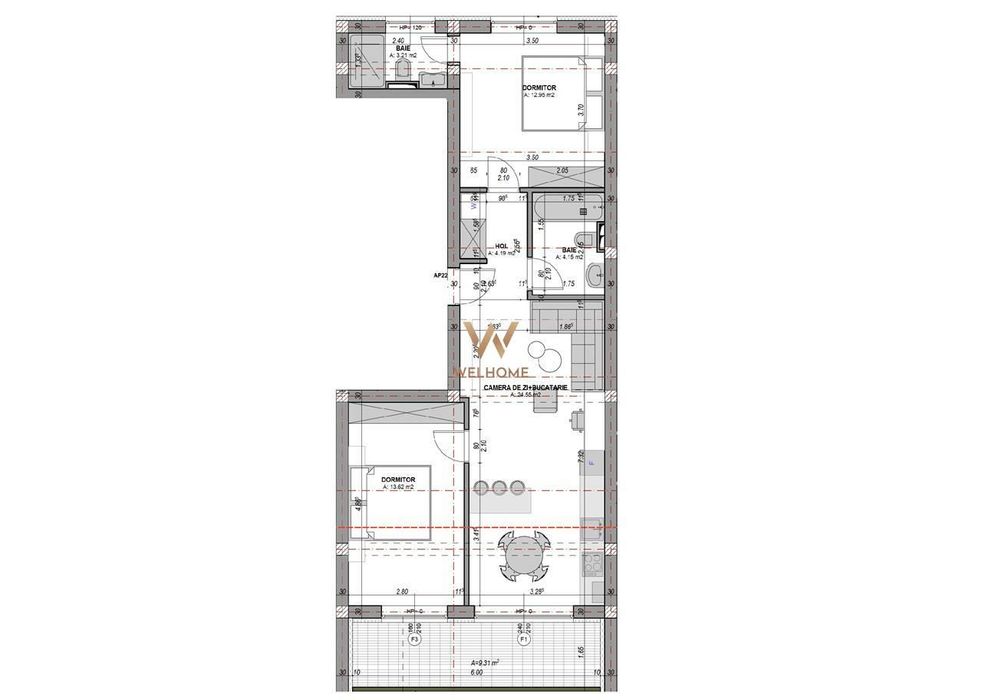 Ap. 3 camere, aer conditionat, terasa 9.31 mp - 2 bai