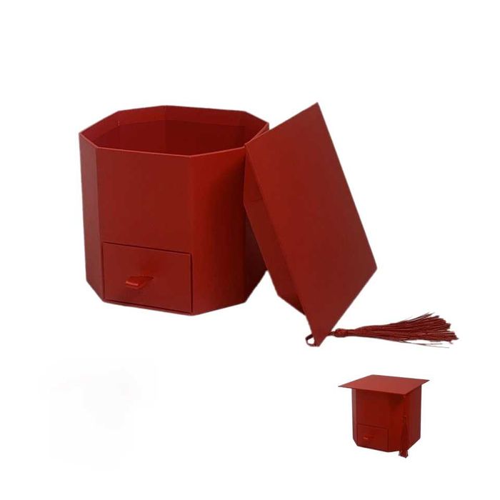 Комплект от карон- Кутия за подарък шапка абитуриент, черв, с чекмедже