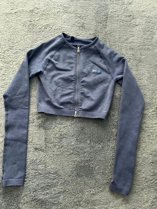 Bo+Tee Women's Cropped Full zip Indigo Purple Long Sleeve Athletic Top