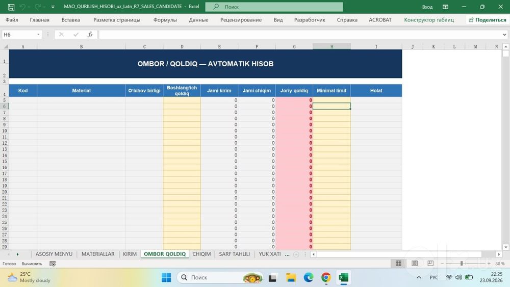 М29 MAO QURILISH HISOBI — Excel dasturida